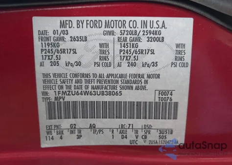 2003 Ford Explorer Eddie Bauer z USA, uszkodzony, nr VIN 1FMZU64W63UB38065